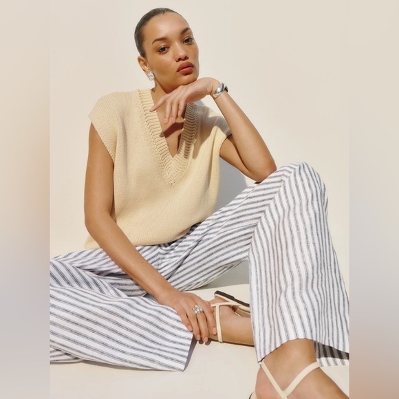 NWT Reformation Carter Mid Rise Wide  Leg Linen Pant in Antibes Stripe | size 2 - Picture 3 of 10